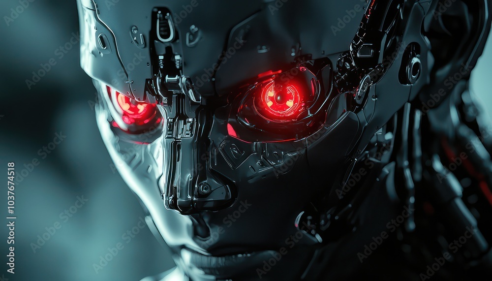 Fototapeta premium AI poses a potential threat, depicted as a superintelligent, god-like entity with autonomously developing red eyes.