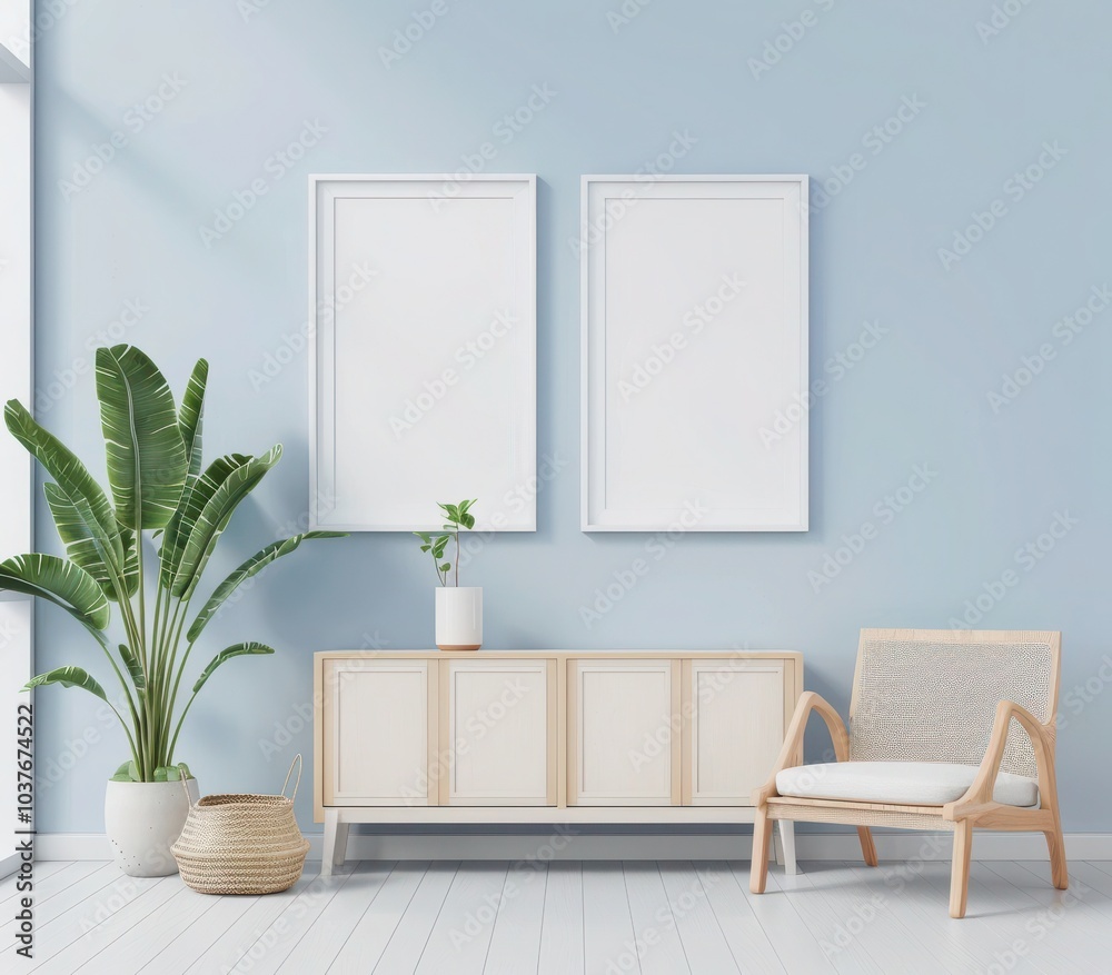 Fototapeta premium 「2つの白い額縁、木製キャビネット、スタイリッシュなアームチェアを備えたモダンなミニマルインテリア。青い壁が個性的なデコレーションの落ち着いた背景となっている」