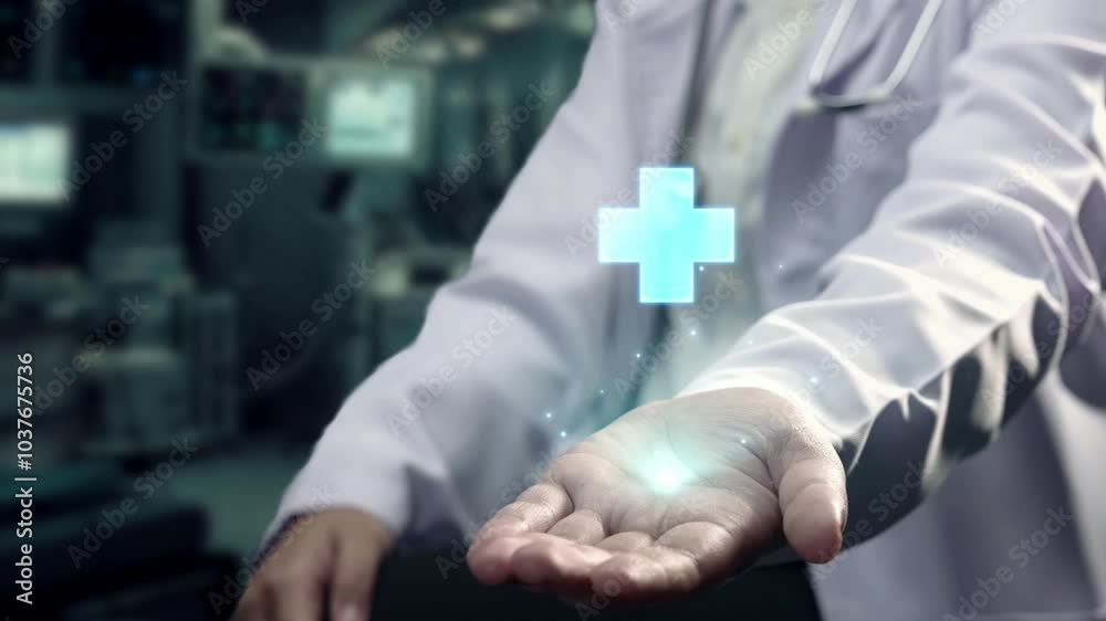 Close up of doctor sitting and showing medical cross hologram floating on the hand with hospital with blurring background. General practitioner checking and using technology innovation. Remedial. Close up of doctor sitting and showing medical cross hologram floating on the hand with hospital with blurring background. General practitioner checking and using technology innovation. Remedial.