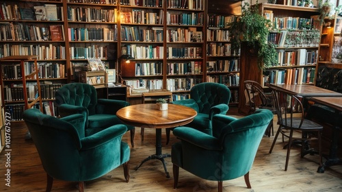 Rahva Raamat Bookstore Cafe. Wooden tables and velvet green seats provide a cozy ambiance. photo