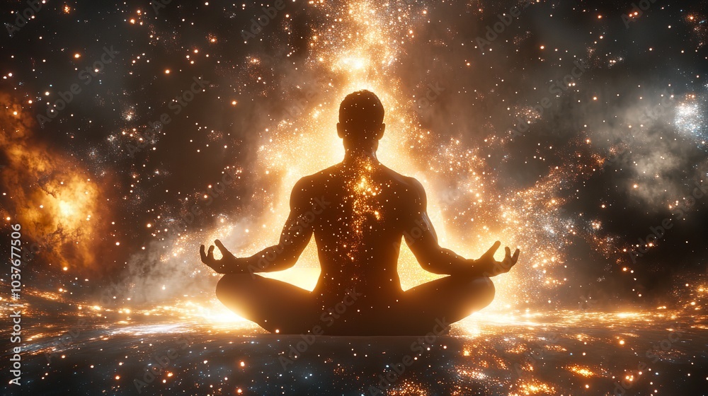 A Glowing Figure Meditating in Space Surrounded by Beautiful Cosmic Patterns and Floating Lights A Glowing Figure Meditating in Space Surrounded by Beautiful Cosmic Patterns and Floating Lights