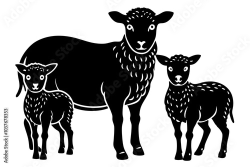 A Ewe with her two lambs in front of a white background