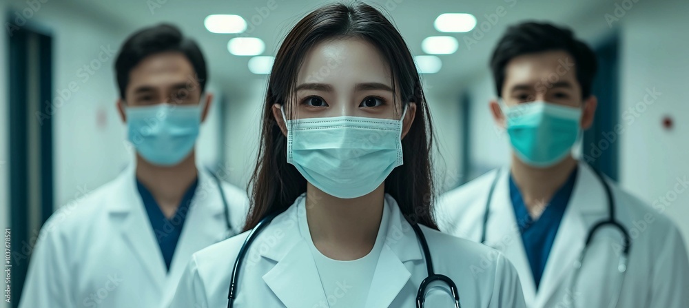 Healthcare Professionals in a Hospital Corridor Wearing Face Masks Healthcare Professionals in a Hospital Corridor Wearing Face Masks