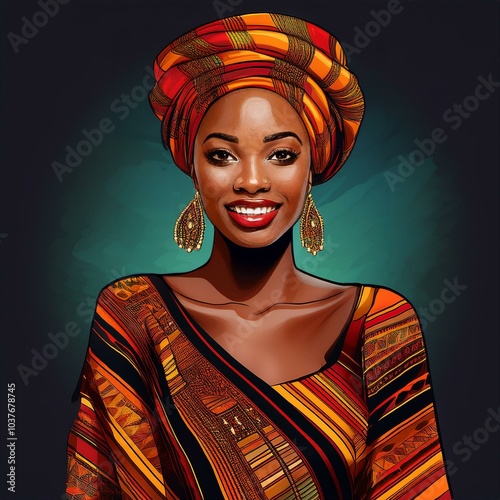 A radiant African American woman, smiling warmly, depicted in vibrant digital art. She is wearing a full kente cloth silk top with long sleeves, featuring bold and intricate patterns. Her hair is wrap