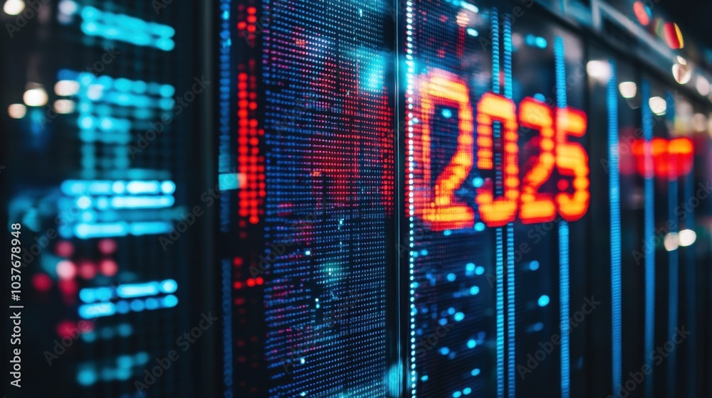 Digital stock market display showing the year 2025 Digital stock market display showing the year 2025