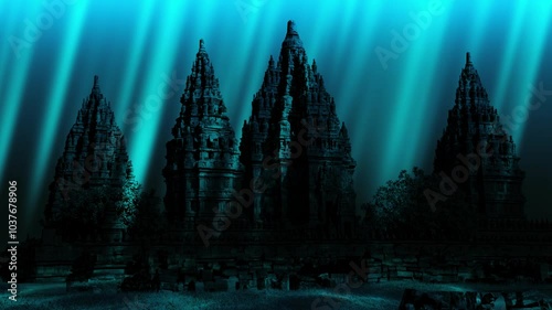 Ancient temple in the sea under water in the moving rays of the sun. Ancient temple on the ocean bottom in the rays of light. 4k 3d animation 60 fps.