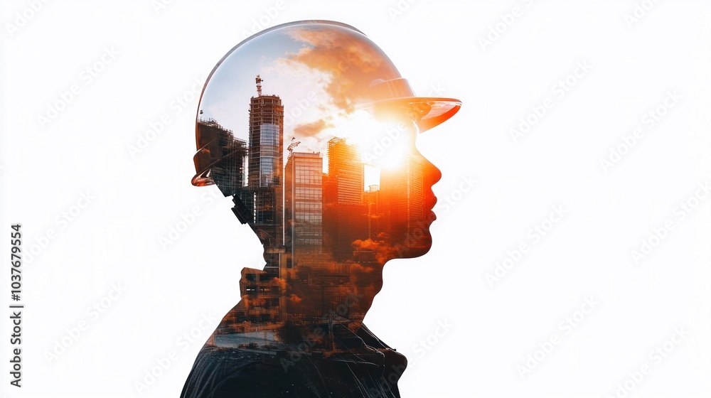 Construction Worker with Cityscape Inside Helmet Construction Worker with Cityscape Inside Helmet