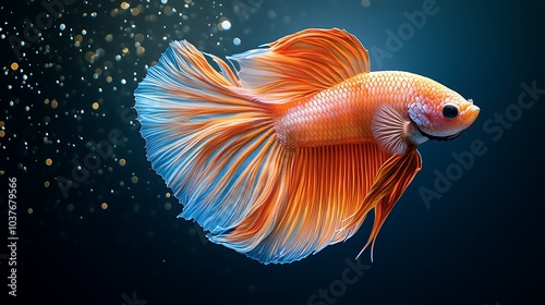 Golden half moon dumbo ear betta fish with abstract neon lights on a vibrant background