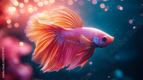 Gorgeous gold Thai rosetail betta fish isolated on a vibrant background photo