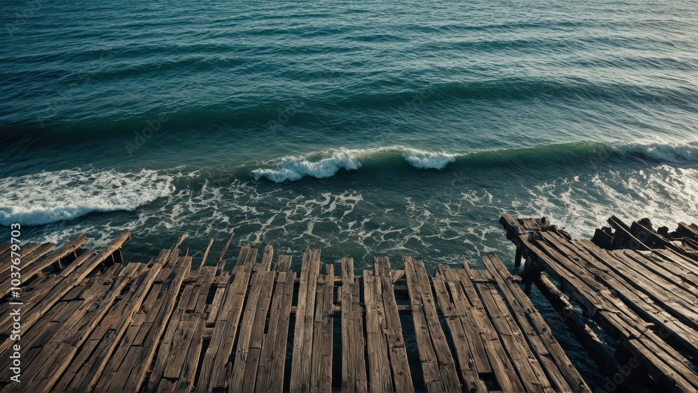 Fototapeta premium Destroyed coastal pier, weathered by the elements, disappearing into the vast ocean