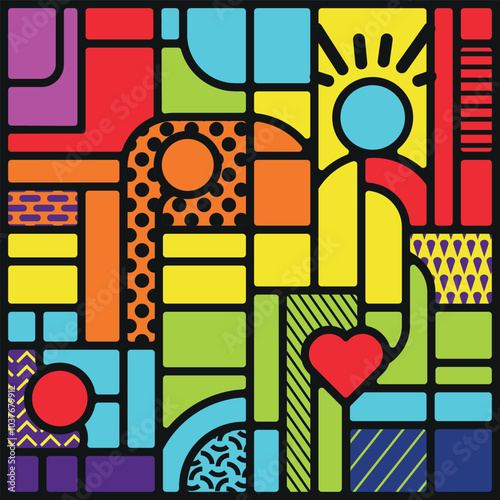 Vivid colors, abstract, pop art style geometric design.
