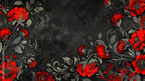  Floral elegance with traditional Khokhloma ornament on dark background for decorative and cultural design use