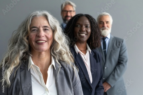 Portrait of smiling senior business team standing in front of grey background