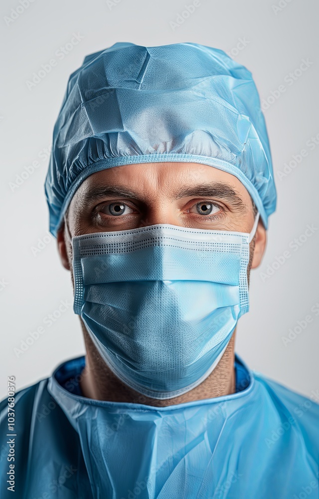 Close-up portrait of a medical professional in a protective mask. Close-up portrait of a medical professional in a protective mask.