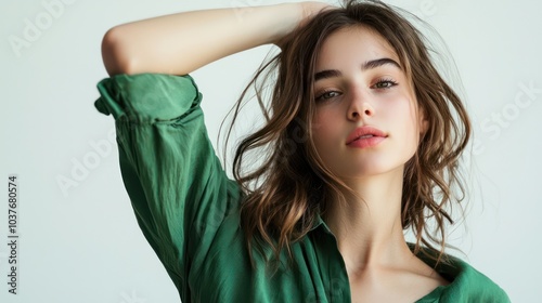 Carefree Woman in a Green Shirt Posing Against a White Background, Emphasizing Natural Beauty