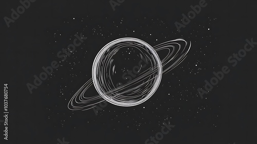 A minimalist design of a single planet in cartoon outline, featuring simple rings and a few craters. Perfect for a kids' coloring page, the lines are bold and clean, leaving space for creativity