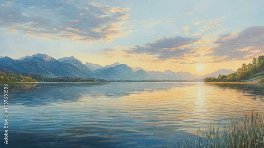 Oil painting depicting a serene summer scene on a lake surrounded by mountains with a sunrise sky reflecting in clear water Landscape art capturing the beauty of nature Oil painting depicting a serene summer scene on a lake surrounded by mountains with a sunrise sky reflecting in clear water Landscape art capturing the beauty of nature