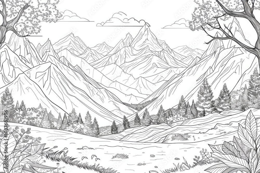 Coloring book illustration of a picturesque mountain landscape Autumn scenery featuring majestic mountains Breathtaking panorama of rugged peaks in a serene setting Coloring book illustration of a picturesque mountain landscape Autumn scenery featuring majestic mountains Breathtaking panorama of rugged peaks in a serene setting