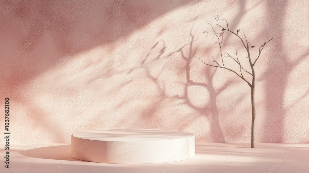 Podium display on a soft pastel stucco background Abstract geometric arrangement with a branch and shadow cast on the wall 3D rendering Ideal for exhibitions presentations and branding in the heal Podium display on a soft pastel stucco background Abstract geometric arrangement with a branch and shadow cast on the wall 3D rendering Ideal for exhibitions presentations and branding in the heal