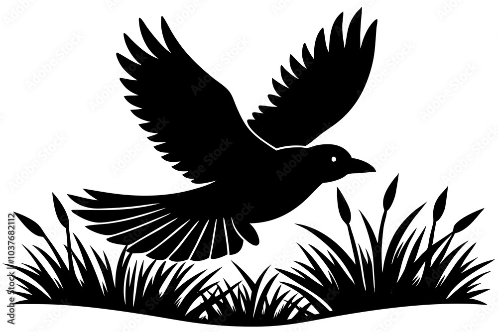 Naklejka premium A black bird flying in the air over a field
