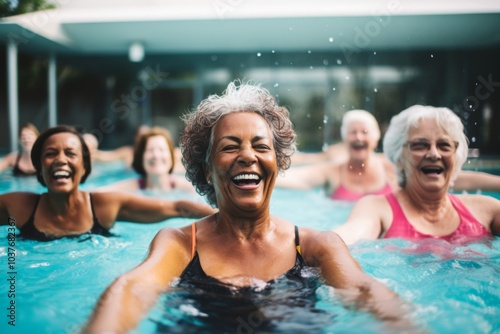 Portrait of a Diverse group of senior women having a water aerobics class in a pool