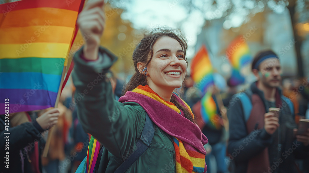 Protesters holding rainbow banners and signs advocating for LGBTQ+ rights, marching in unity for equality. LGBTQ+ History Month Protesters holding rainbow banners and signs advocating for LGBTQ+ rights, marching in unity for equality. LGBTQ+ History Month