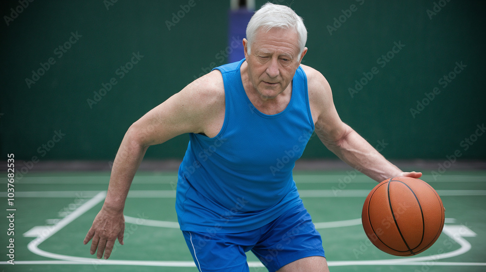 Senior Man Playing Basketball on Court Senior Man Playing Basketball on Court
