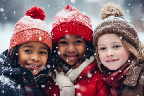 Portrait of a diverse kids students infront elementary school while snowing wearing Christmas hats