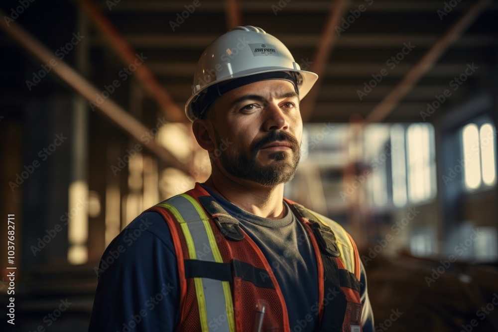 Portrait of a Hispanic construction worker inside of unfinished building Portrait of a Hispanic construction worker inside of unfinished building