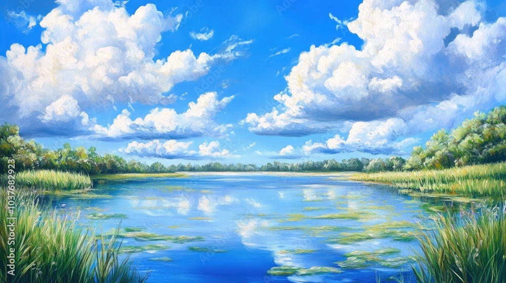 Oil painting depicting a serene landscape featuring a lake surrounded by clouds under a vibrant blue sky Oil painting depicting a serene landscape featuring a lake surrounded by clouds under a vibrant blue sky