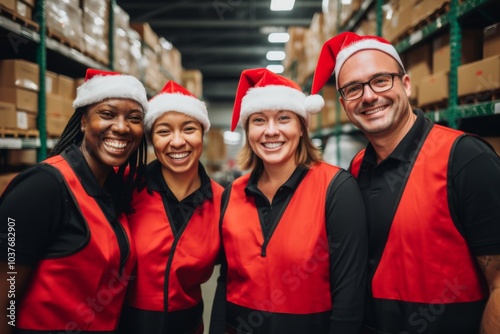 Portrait of a diverse warehouse workers in working uniforms smiling with Christmas hats