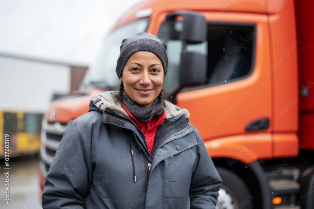 Portrait of a Hispanic female truck driver infront of a truck in Germany while snowing Portrait of a Hispanic female truck driver infront of a truck in Germany while snowing