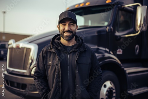 Portrait of a Hispanic truck driver infront of a truck in USA