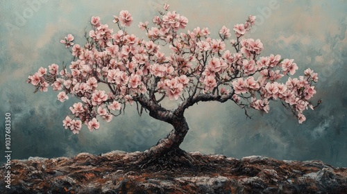 Oil painting depicting a resilient flowering plant that blooms year round pruned into a tree shape showcasing its beauty and hardiness