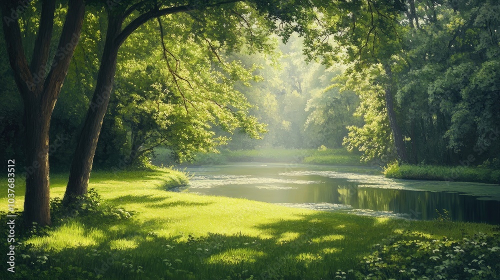 Oil painting depicting a serene green park beside a tranquil river illuminated by sunlight Oil painting depicting a serene green park beside a tranquil river illuminated by sunlight