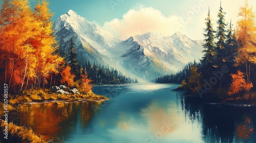 Oil painting depicting a serene autumn landscape featuring a tranquil lake with a glacier backdrop Ideal for travel themes and capturing the beauty of mountain scenery in fall