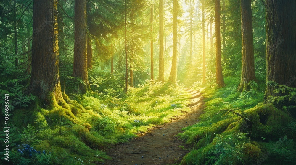 Oil painting of a panoramic forest landscape featuring mixed fir and spruce trees lush green moss blueberries and a sunlit path ideal for wallpaper backgrounds Oil painting of a panoramic forest landscape featuring mixed fir and spruce trees lush green moss blueberries and a sunlit path ideal for wallpaper backgrounds