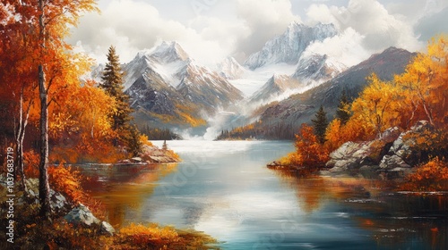 Fototapeta Naklejka Na Ścianę i Meble -  Oil painting depicting a serene autumn landscape featuring a tranquil lake with a glacier backdrop Ideal for travel themes and capturing the beauty of mountain scenery in fall