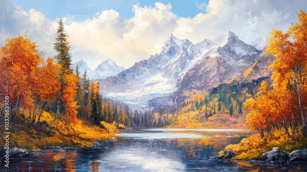 Fototapeta premium Oil painting depicting a serene autumn landscape featuring a tranquil lake with a glacier backdrop Ideal for travel themes and capturing the beauty of mountain scenery in fall