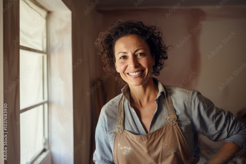 Fototapeta premium Portrait of a middle aged Hispanic female plastering walls in home