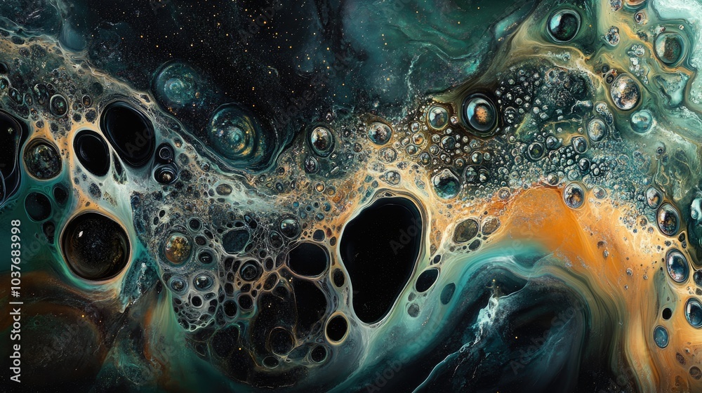 Abstract background featuring cosmic motifs with a surreal fractal style resembling a graphic liquid oil painting Abstract background featuring cosmic motifs with a surreal fractal style resembling a graphic liquid oil painting