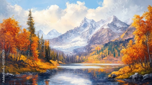 Fototapeta Naklejka Na Ścianę i Meble -  Oil painting depicting a serene autumn landscape featuring a tranquil lake with a glacier backdrop Ideal for travel themes and capturing the beauty of mountain scenery in fall