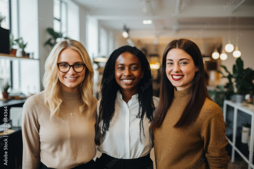 Obraz premium Portrait of a smiling diverse group of businesswomen standing in coworking office space in Berlin