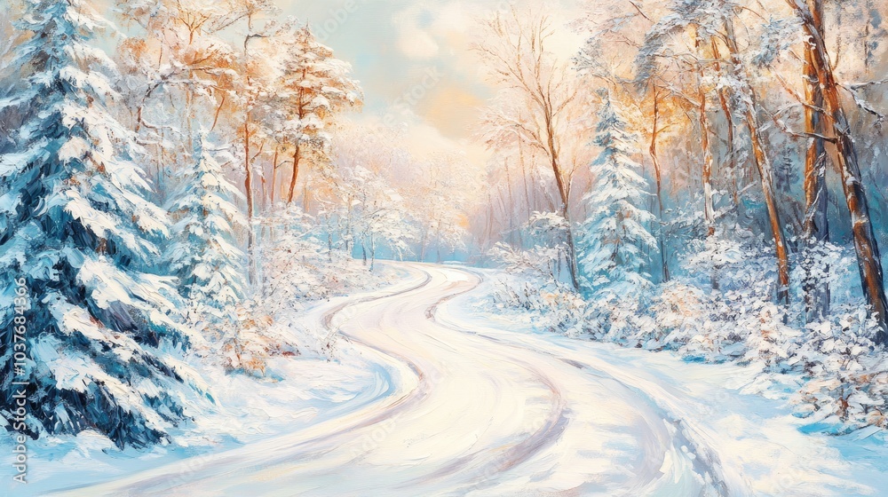 Oil painting depicting a winter fairy tale in a snow covered forest Scenic view of a winding road through a snowy wonderland creating a festive atmosphere for the holiday season Oil painting depicting a winter fairy tale in a snow covered forest Scenic view of a winding road through a snowy wonderland creating a festive atmosphere for the holiday season