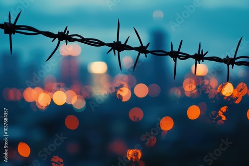 Close-Up of Barbed Wire Fence at Twilight with Blurred City Lights in the Background