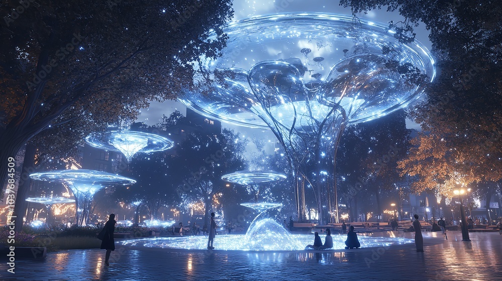 A Futuristic City Park Where People Create Digital Art Installations A Futuristic City Park Where People Create Digital Art Installations