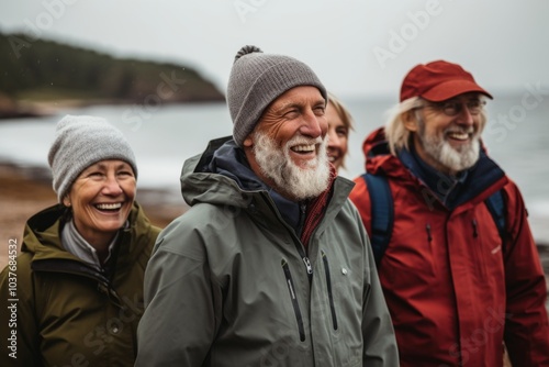 Smiling diverse group of friends on the cold beach