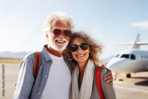 Portrait of a smiling senior couple tourist standing infornt of aircraft ladder photo