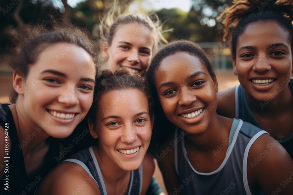 Portrait of a young female basketball players smiling and posing for a team photo on the basketball court Portrait of a young female basketball players smiling and posing for a team photo on the basketball court
