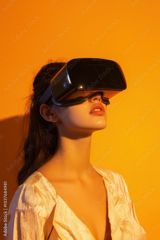 Close-Up Portrait of a Woman Immersed in a Virtual Reality Experience Against an Orange Background Close-Up Portrait of a Woman Immersed in a Virtual Reality Experience Against an Orange Background